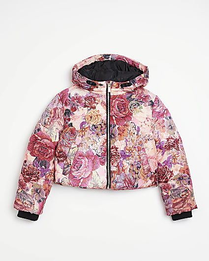 gIRLS pINK floral TAPESTRY PUFFER Jacket
