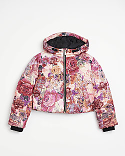 Girls Pink floral TAPESTRY PUFFER Jacket