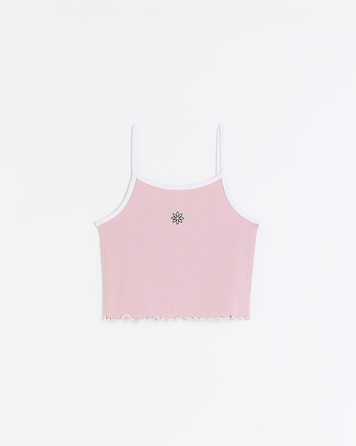 Girls pink flower embroidery ribbed cami top