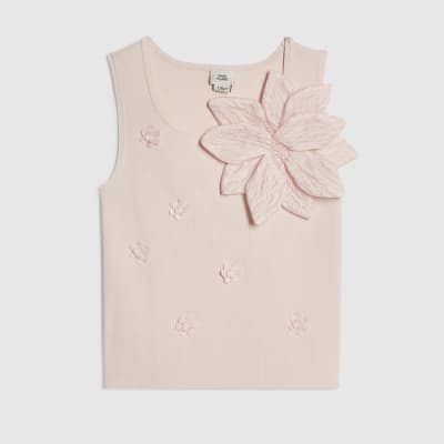 Girls Pink Flower Trim Knitted Top | River Island