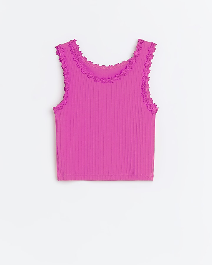 Girls pink flower trim vest top