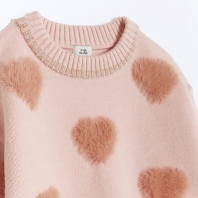 Girls pink fluff heart jumper River Island