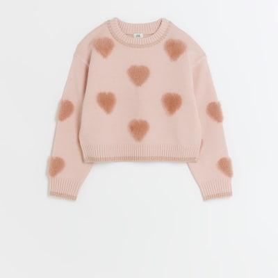 Girls pink fluff heart jumper River Island