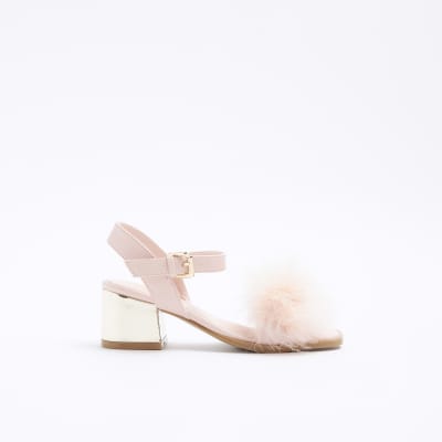 Girls pink fluffy heeled sandals River Island