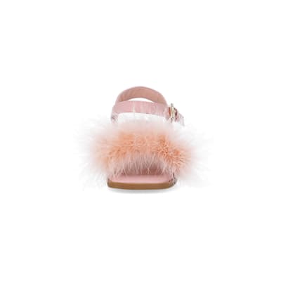 Pink fluffy heeled slippers hot sale