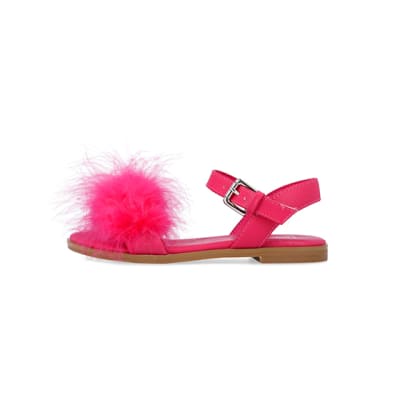 Girls Pink Fluffy Sandals River Island