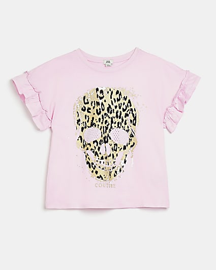 Girls pink frill animal print skull t-shirt