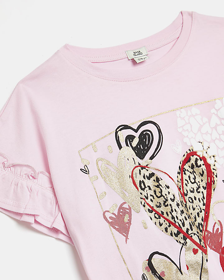 Girls pink frill heart print t-shirt