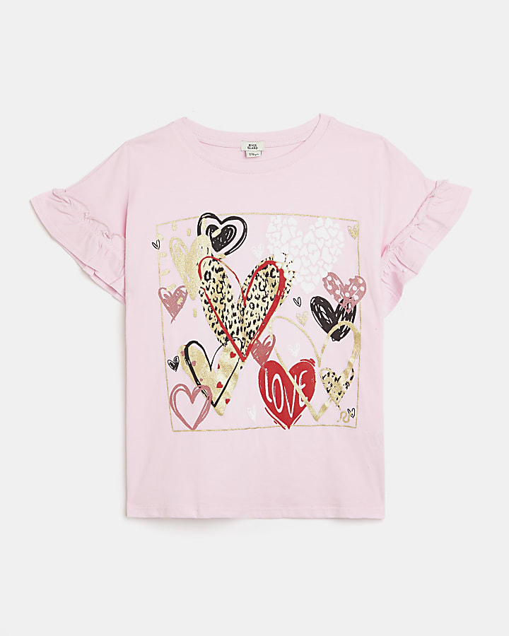 Girls pink frill heart print t-shirt