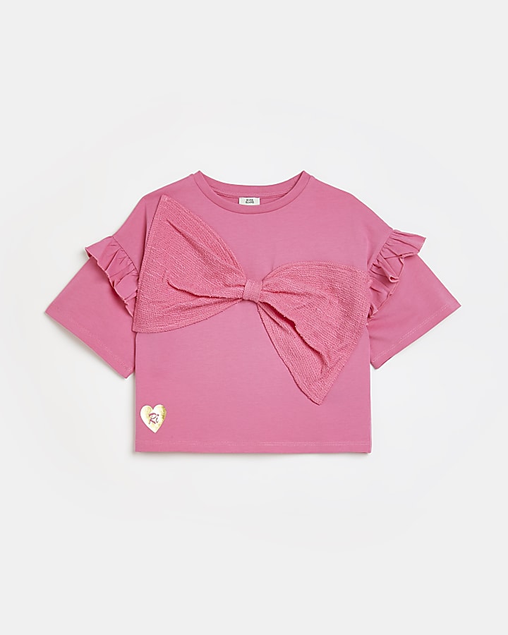 Girls pink frill sleeve boucle bow t-shirt