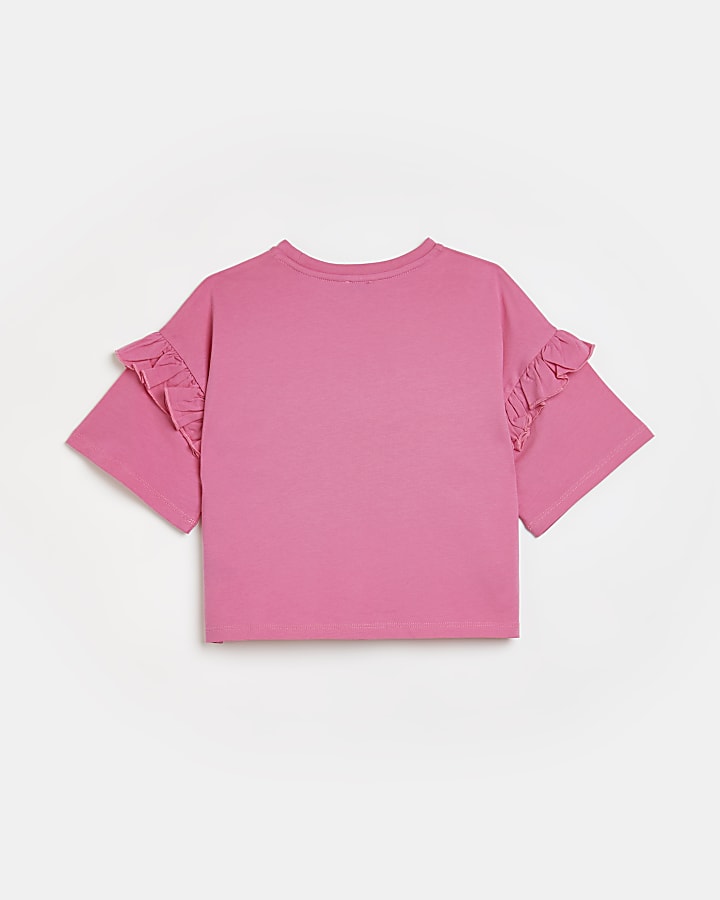 Girls pink frill sleeve boucle bow t-shirt