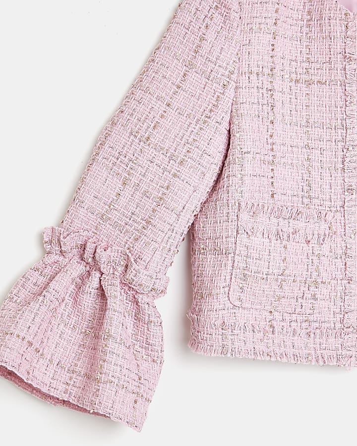 Girls pink frill sleeve boucle jacket
