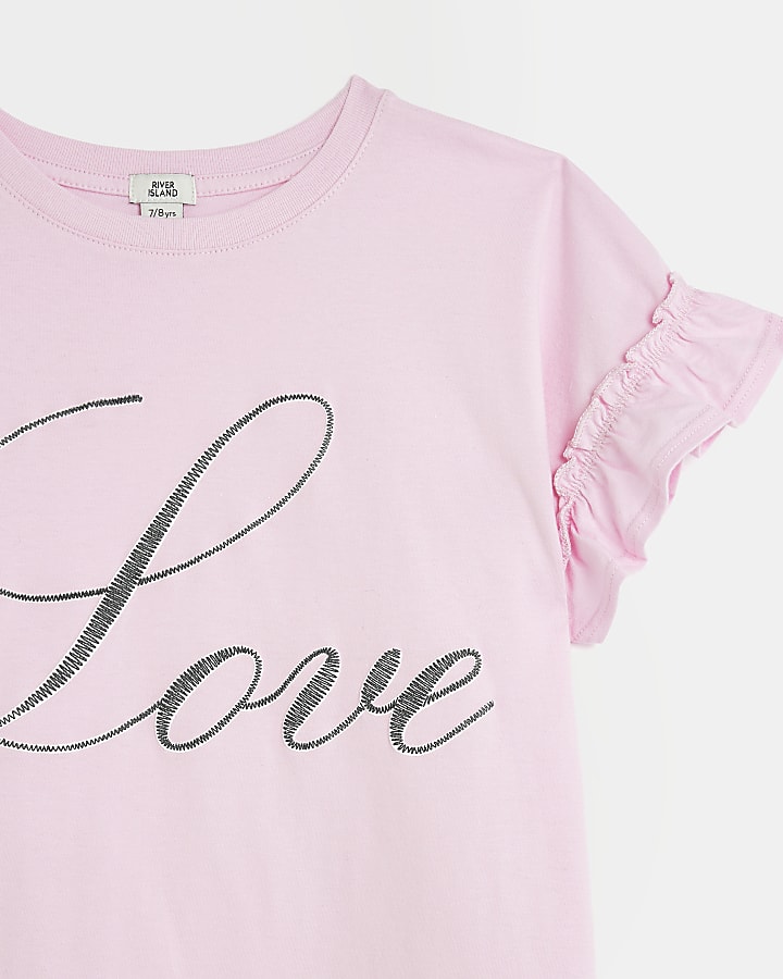 Girls Pink Frill Sleeve Love Graphic T-shirt