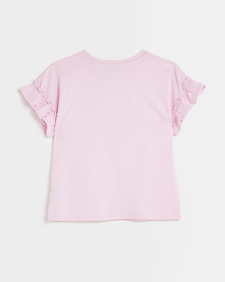 Girls Pink Frill Sleeve Love Graphic T-shirt