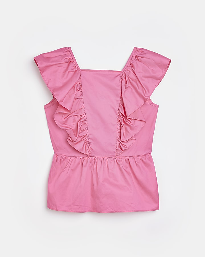 Girls pink frill sleeve peplum blouse