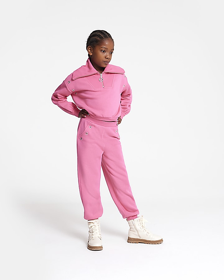 Girls pink Funnel Neck Sweat outfit