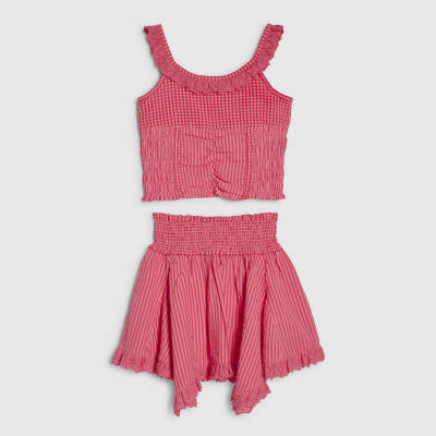 Girls Pink Gingham Stripe Skirt Set