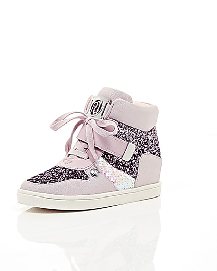 360 degree animation of product Girls pink glitter hi top lace-up trainers frame-0
