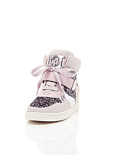 360 degree animation of product Girls pink glitter hi top lace-up trainers frame-2