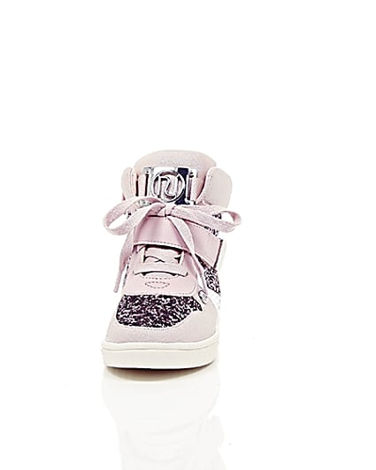 360 degree animation of product Girls pink glitter hi top lace-up trainers frame-3