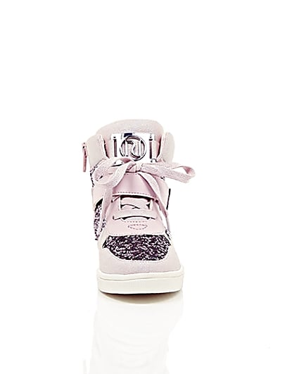 360 degree animation of product Girls pink glitter hi top lace-up trainers frame-4