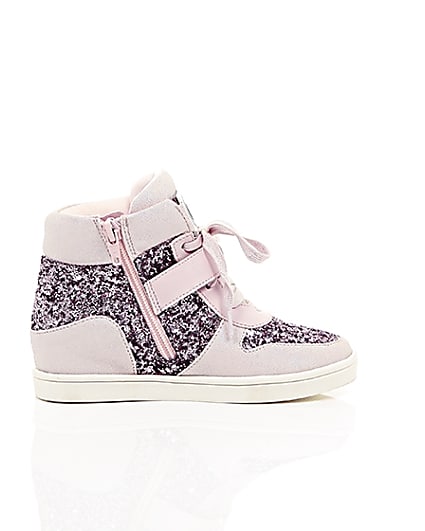 360 degree animation of product Girls pink glitter hi top lace-up trainers frame-10