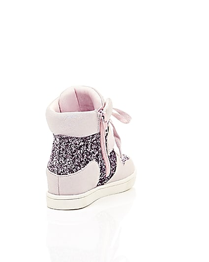 360 degree animation of product Girls pink glitter hi top lace-up trainers frame-14