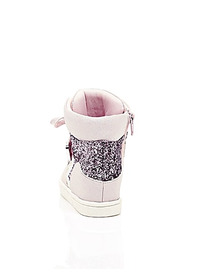 360 degree animation of product Girls pink glitter hi top lace-up trainers frame-16