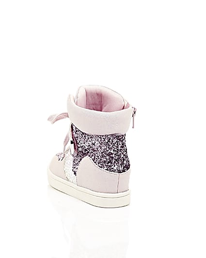 360 degree animation of product Girls pink glitter hi top lace-up trainers frame-17