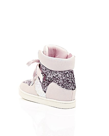 360 degree animation of product Girls pink glitter hi top lace-up trainers frame-18