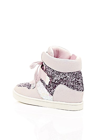 360 degree animation of product Girls pink glitter hi top lace-up trainers frame-19