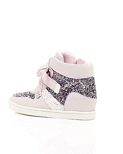 360 degree animation of product Girls pink glitter hi top lace-up trainers frame-20