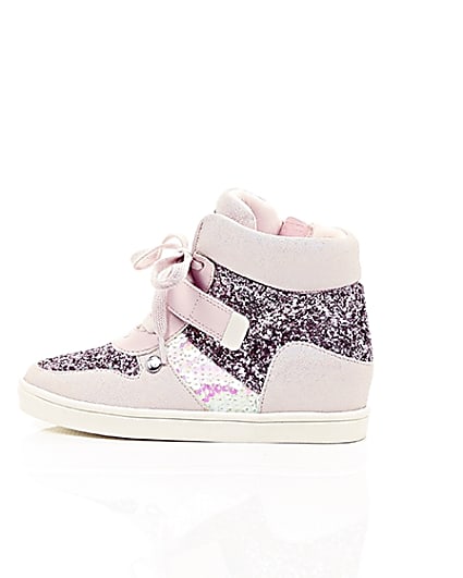360 degree animation of product Girls pink glitter hi top lace-up trainers frame-21