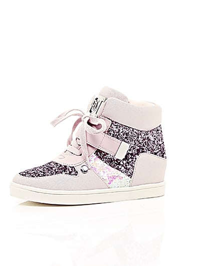 360 degree animation of product Girls pink glitter hi top lace-up trainers frame-23