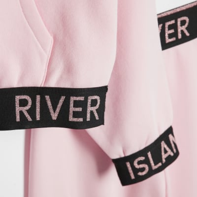 Girls Pink Glitter RI Hoodie And Joggers Set River Island