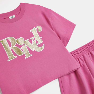Girls Pink Glitter River Graphic Shorts Set River Island