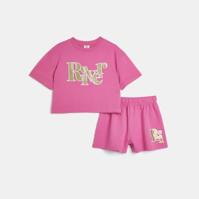 Girls Pink Glitter River Graphic Shorts Set | River Island