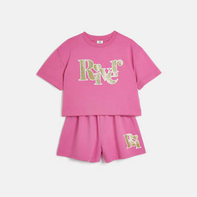 Girls Pink Glitter River Graphic Shorts Set River Island
