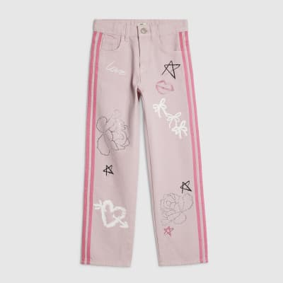 Girls Pink Graffiti Straight Jeans
