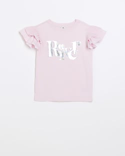 Girls pink graphic frill sleeve t-shirt