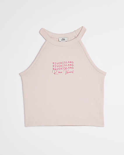 Girls pink graphic halter neck top