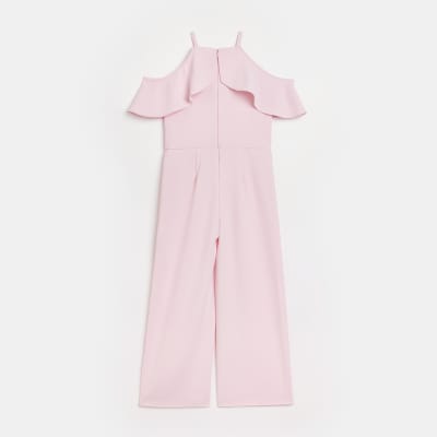 Girls Pink Halter neck frill Jumpsuit