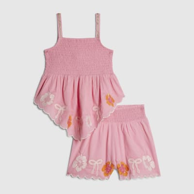 Girls Pink Hanky Hem Embellished Top Set