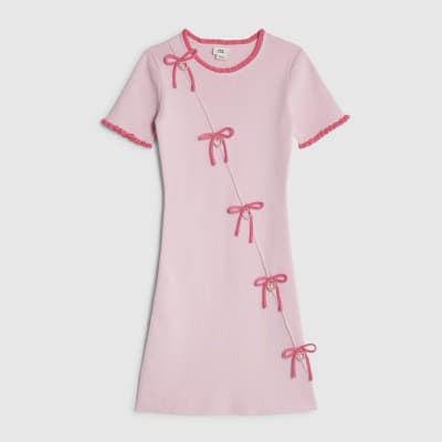 Girls Pink Heart Charm Bow Knit Dress