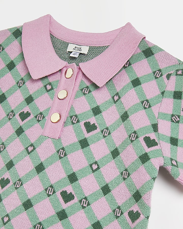 Girls pink heart check skirt knitted outfit