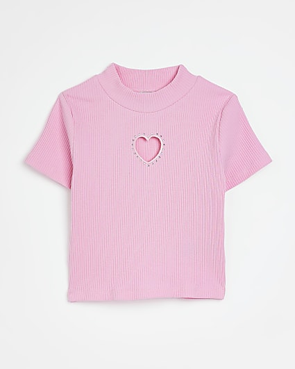 Girls pink heart cut out ribbed t-shirt