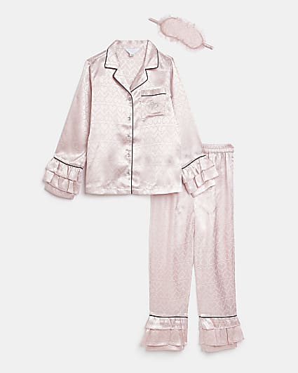 Girls Pink Heart Jacquard 3 piece pyjama set