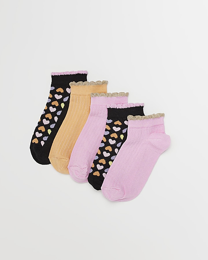 Girls Pink Heart Print Trainer Socks 5 pack