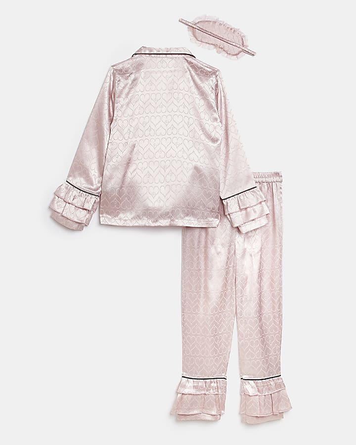 River Island Girls Clothing Loungewear Pajamas Mini girls Pink Heart Satin pyjama set 
