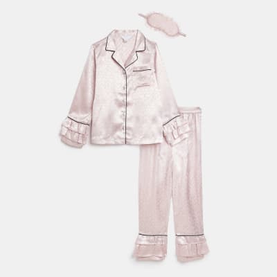 Girls Pink Heart Satin 3 piece pyjama set | River Island